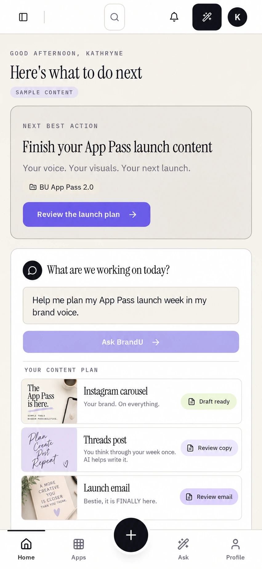 Illustrative preview of the BU App Pass 2.0 home workspace with sample content