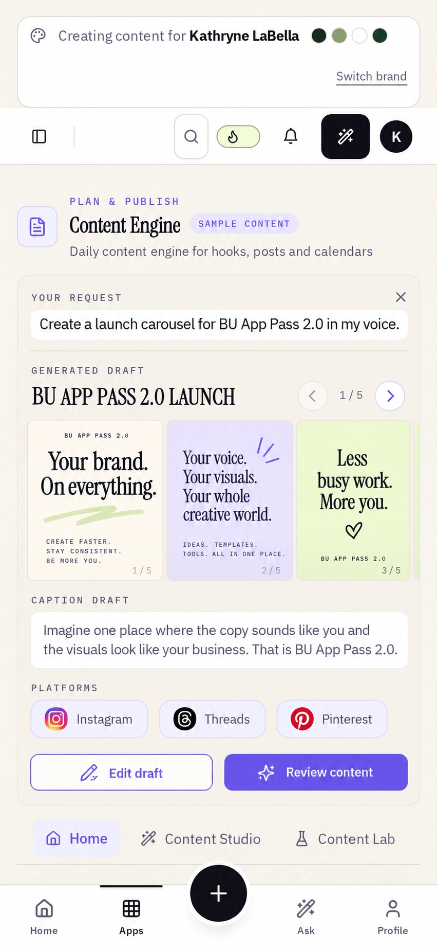 Illustrative preview of sample content in BU App Pass 2.0